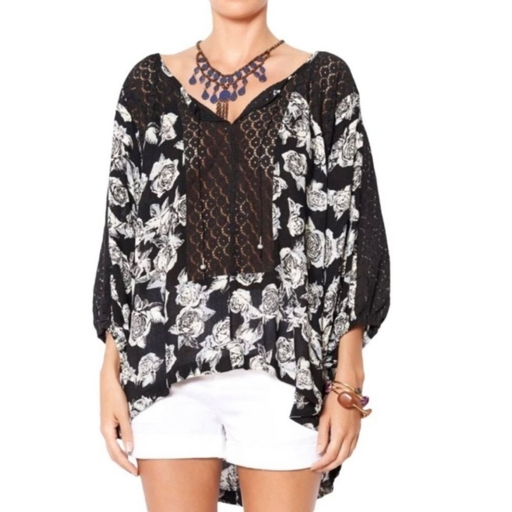 Free People Black Eyelet Floral Moon River Peasant Top Oversized Medium